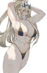  abs armpits arms_behind_head arms_up bare_shoulders barghest_(fate) barghest_(ice_warrior)_(fate) biceps bikini black_bikini blonde_hair blue_eyes blush breasts cleavage fate/grand_order fate_(series) female hair_ornament hair_scrunchie heterochromia high_ponytail highleg highleg_bikini highres horns huge_breasts long_hair looking_at_viewer memory342 muscular muscular_female navel open_mouth red_eyes scarf scrunchie sidelocks small_head solo swimsuit thick_thighs thighs white_background white_scarf 