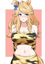  alternate_costume animal_ears arms_behind_back arn7 bare_shoulders blonde_hair blue_bow blue_eyes bow breasts commentary_request female gold_city_(umamusume) groin highres horse_ears horse_girl large_breasts long_hair looking_at_viewer midriff navel parted_lips skirt skirt_set solo stomach strapless tiger_stripes tube_top umamusume upper_body yellow_skirt 