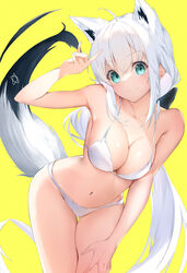  ahoge animal_ear_fluff animal_ears arm_up armpits bare_arms bare_legs bare_shoulders bikini braid breasts closed_mouth extra_ears female fox_ears fox_girl fox_shadow_puppet fox_tail green_eyes hair_between_eyes highres hololive kurogane_tekki leaning_forward long_hair looking_at_viewer medium_breasts midriff navel pentagram shirakami_fubuki side_braid sidelocks simple_background single_braid solo star_(symbol) stomach swimsuit tail tail_raised virtual_youtuber white_bikini white_hair yellow_background 