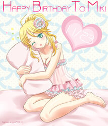  ;o ahoge ariga_nao babydoll barefoot bed blonde_hair blush breasts cleavage commentary_request female flower green_eyes hair_flower hair_ornament hair_up happy_birthday heart hoshii_miki hug idolmaster idolmaster_(classic) md5_mismatch medium_breasts one_eye_closed open_mouth pillow sitting solo 