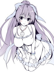  bare_legs barefoot bracelet breasts commentary_request dress female jewelry large_breasts long_hair necklace oryo_(oryo04) photoshop_(medium) ponytail ryuugajou_nanana ryuugajou_nanana_no_maizoukin solo spot_color very_long_hair wide_ponytail 