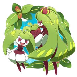  artist_name back bad_id bad_pixiv_id bounsweet commentary_request evolution evolutionary_line leaf open_mouth pink_eyes pokemon pokemon_(creature) sango_(y1994318) simple_background sparkle steenee tsareena white_background 