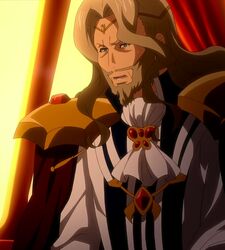  1boy anime_screenshot beard brown_hair facial_hair green_eyes highres male_focus oswald_lautreamont seikoku_no_dragonar solo sunset 