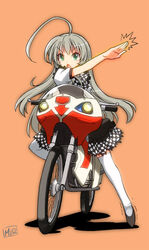  :o ^^^ ahoge artist_name checkered_clothes checkered_skirt commentary_request cyclone_(kamen_rider) female green_eyes grey_hair haiyore!_nyaruko-san henshin_pose highres huge_ahoge kamen_rider long_hair motor_vehicle motorcycle muramasa_mikado nyarlathotep_(nyaruko-san) open_mouth orange_background photoshop_(medium) pose revision simple_background skirt solo thighhighs trembling v-shaped_eyebrows white_thighhighs zettai_ryouiki 