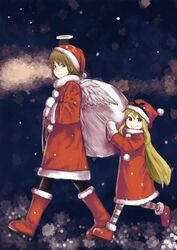  2girls angel angel_wings black_pantyhose blonde_hair brown_eyes brown_hair christmas commentary_request feathered_wings fur_trim haibane_renmei halo hat highres jpeg_artifacts long_hair messy_hair multiple_girls pantyhose rakka_(haibane) red_eyes ryushika ryushika_ryushika sack santa_costume santa_hat short_hair snow striped_clothes striped_pantyhose traditional_halo wings yasu_(shijimi_8) 