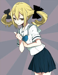  blonde_hair bow bras_d&#039;honneur commentary_request female kooriyama_ichirou koujiro_frau long_hair mageres meme neta robotics;notes school_uniform serafuku skirt solo sunburst sunburst_background yellow_eyes 