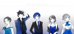  2boys 3girls aegis_(persona) android blue_hair bow commentary_request dress flower formal hat highres iori_junpei jewelry mentaishi multiple_boys multiple_girls persona persona_3 ribbon short_hair smile yamagishi_fuuka yukari_takeba yuuki_makoto_(persona_3) 