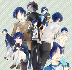  1boy aged_down alternate_costume blue_eyes blue_hair commentary_request digital_media_player evoker food gekkoukan_high_school_uniform gun gun_to_head hair_over_one_eye headphones holding holding_gun holding_weapon ice_cream jack_frost_(megami_tensei) japanese_clothes male_focus mentaishi persona persona_3 photoshop_(medium) pyro_jack school_uniform shadow_(persona) short_hair swimsuit weapon yuuki_makoto_(persona_3) 