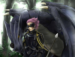  1boy armor black_armor cape commentary_request dragon fire_emblem fire_emblem_awakening gerome_(fire_emblem) mask minerva_(fire_emblem_awakening) otoka_hisagi pink_hair polearm smile spear tree weapon wyvern yellow_eyes 