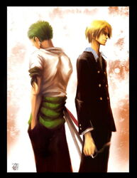  2boys akimao back-to-back back_to_back blonde_hair border cigarette earrings formal green_hair haramaki jewelry male male_focus multiple_boys one_piece roronoa_zoro sanji smoking standing suit 