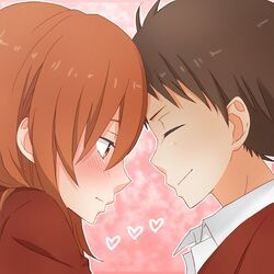  1boy bad_id bad_pixiv_id black_hair blush brown_eyes brown_hair female long_hair lowres natsume_asako photoshop_(medium) sasahara_souhei school_uniform short_hair smile ten_hara_hiyoko tonari_no_kaibutsu-kun 