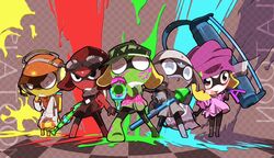  5boys baseball_cap beanie bike_shorts coat coke-bottle_glasses commentary_request copyright_name domino_mask dororo_(keroro_gunsou) frog giroro glasses goggles goggles_on_head grin hat headphones holding holding_weapon ink_tank_(splatoon) keroro keroro_gunsou kururu_(keroro_gunsou) layered_clothes layered_sleeves long_sleeves looking_at_viewer mamako mask multiple_boys open_mouth overcoat oversized_object paint_roller paint_splatter scarf shirt short_over_long_sleeves short_sleeves single_vertical_stripe smile splatoon_(series) splatoon_1 standing super_soaker t-shirt tamama weapon 