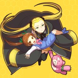  2girls aoki_hagane_no_arpeggio bad_id bad_pixiv_id blonde_hair brown_eyes brown_hair coat commentary green_eyes kirishima_(aoki_hagane_no_arpeggio) long_hair multiple_girls osakabe_makie stuffed_animal stuffed_toy tayoko teddy_bear twintails yotarou_(aoki_hagane_no_arpeggio) 