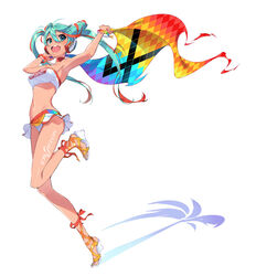  aqua_eyes aqua_hair armpits bad_link bare_shoulders beach_towel bikini bikini_skirt female flag full_body goodsmile_company goodsmile_racing hatsune_miku headphones headset high_heels long_hair looking_at_viewer lowleg lowleg_bikini navel race_queen racing_miku racing_miku_(2016) sandals shoes smile solo stomach strapless strappy_heels swimsuit tan towel tube_top twintails very_long_hair vocaloid yoneyama_mai 