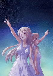  2girls arm_up back-to-back bare_shoulders blonde_hair brown_eyes commentary_request dress gradient_background hairband half_updo holding_hands long_hair multiple_girls night open_mouth original outstretched_hand parted_lips sky star_(sky) starry_sky sundress totsuki_touka_(orange_factory) very_long_hair white_dress 