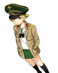  blonde_hair boots bow bowtie brown_eyes commentary_request erwin_(girls_und_panzer) female girls_und_panzer green_skirt hands_in_pockets hat jacket looking_at_viewer military military_hat miniskirt ooarai_school_uniform peaked_cap pleated_skirt pre3445 school_uniform serafuku short_hair skirt solo standing uniform white_background 