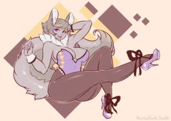  2016 anthro big_breasts biped breasts bunny_costume canid canine canis claws clothed clothing costume english_text eyeshadow female footwear fur grey_body grey_fur grey_hair hair hi_res high_heels legwear liveforthefunk luca_(nearl) makeup mammal purple_eyes shoes smile solo stockings text wolf 