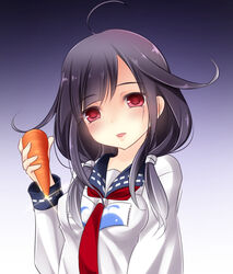  :d ahoge animal_print apron bad_id bad_pixiv_id carrot female fish_print food glint gradient_background hair_flaps head_tilt holding holding_food holding_vegetable kantai_collection long_hair long_sleeves looking_afar low_twintails necktie parted_lips purple_hair red_eyes red_necktie shirt simple_background smile solo taigei_(kancolle) tareme twintails upper_body vegetable whale_print white_shirt yayayoruyoru 