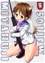  :d animal_ears barefoot blush brown_hair commentary_request dog_ears dog_girl dog_tail drum_magazine female gun highres holding kuragari looking_at_viewer magazine_(weapon) miyafuji_yoshika open_mouth short_hair smile solo strike_witches swimsuit swimsuit_under_clothes tail type_99_cannon weapon world_witches_series 