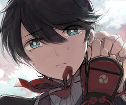  1boy black_hair blue_eyes close-up commentary_request furutachirikonbu horikawa_kunihiro male_focus parted_lips ribbon solo tears touken_ranbu upper_body 