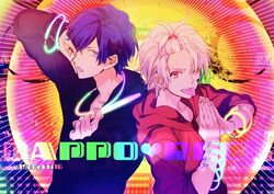  2boys after_the_rain bangs_pinned_back barcode blue_eyes blue_hair bracelet commentary_request cosplay dappou_rock_(vocaloid) datsu datsu_(cosplay) glowstick hair_ornament hairclip heart holding ikuhiro_(19nnnkti16) indie_utaite jewelry looking_at_viewer mafumafu male_focus multiple_boys own_hands_together red_eyes song_name soraru twitter_username upper_body utaite vocaloid x_hair_ornament 