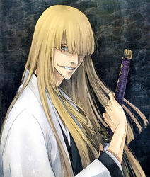  1boy ai_(ai1470) bleach bleach:_turn_back_the_pendulum blonde_hair commentary_request grin haori hirako_shinji holding japanese_clothes katana long_hair looking_at_viewer male_focus sheath smile solo sword taichou_haori unsheathing weapon yellow_eyes zanpakutou 