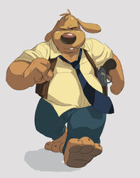  2016 3_toes 4_fingers anthro barefoot bottomwear brown_body brown_fur canid canine canis claws clothed clothing domestic_dog donkeypunch feet fingers floppy_ears front_view fur gun handgun hi_res looking_at_viewer male mammal necktie overweight overweight_anthro overweight_male pants plantigrade ranged_weapon revolver rolled_up_sleeves sam_and_max samuel_dog shirt simple_background solo toe_claws toes topwear vest walking weapon 