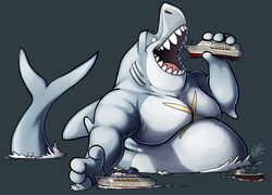  2016 4_fingers anthro belly big_belly cruise_ship digital_media_(artwork) dorsal_fin fin fingers fish fish_tail gaping_mouth gills grey_background grey_body grey_skin grey_tail holding_object imminent_vore macro macroceli_(artist) male marine merchant_ship moobs multicolored_body multicolored_skin nude open_mouth overweight overweight_anthro overweight_male partially_submerged passenger_ship shark sharp_teeth ship signature simple_background solo tail teeth two_tone_body two_tone_skin vehicle vore watercraft white_body white_skin 