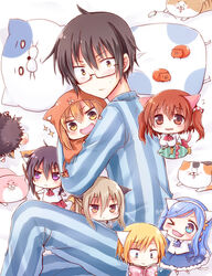  3boys 5girls animal_ears blush brown_eyes brown_hair cat_ears chibi commentary_request doma_taihei doma_umaru ebina_nana feline from_side glasses hamster himouto!_umaru-chan hug kemonomimi_mode komaru_(himouto!_umaru-chan) kongou_kanau looking_at_viewer lying miyata_(miyatami07) motoba_kirie motoba_takeshi multiple_boys multiple_girls on_side pajamas pillow short_hair sparkle striped tachibana_alex tachibana_sylphynford vertical_stripes wavy_mouth 