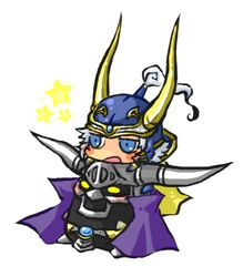  2boys armor blue_eyes cape chibi commentary commentary_request dissidia_final_fantasy final_fantasy final_fantasy_i garland_(ff1) helmet lowres multiple_boys nigou_(equal1014) on_head open_mouth sitting star_(symbol) warrior_of_light_(ff1) yellow_eyes 