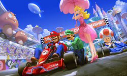  2boys adapted_costume aircraft big_nose blonde_hair blue_sky brown_hair car castle character_balloon commentary_request copyright_name crowd day dirigible dress emblem facial_hair female flag gloves goodyear goomba hat high_heels kirby kirby_(series) kneeling lakitu luigi mario mario_(series) mario_kart motor_vehicle moustache multiple_boys nintendo noba overalls pink_dress pointing princess_peach race_queen race_vehicle racecar racetrack red_toad_(mario) serious short_dress sky splatoon_(series) splatoon_1 stadium super_star_(mario) the_legend_of_zelda toad_(mario) umbrella vehicle_focus white_gloves yoshi 