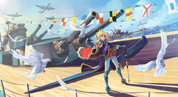  aircraft airplane armor armored_boots battleship bird blonde_hair blue_eyes blue_sky blunt_bangs boots cape coat commentary_request day dove eyelashes feathers female fur-trimmed_cape fur_trim gauntlets gloster_meteor hair_bun highres historical_name_connection hms_warspite hms_warspite_(pacific) horizon legs_apart long_sleeves looking_at_viewer military military_vehicle name_connection ocean original outdoors outstretched_arm pacific_(kancolle) pants personification photoshop_(medium) purple_coat sash shadow ship signal_flag sima_naoteng single_hair_bun sky solo standing string_of_flags sunlight sword tailcoat tiara tight_clothes tight_pants turret vehicle_and_personification warship watercraft weapon white_pants wooden_deck 