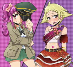  2girls aikatsu! aikatsu!_(series) arms_behind_back belt blonde_hair blush bow bowtie bracelet brown_eyes commentary_request cosplay costume_switch crossover embarrassed erwin_(girls_und_panzer) erwin_(girls_und_panzer)_(cosplay) flying_sweatdrops frilled_skirt frills girls_und_panzer green_skirt hair_ribbon hat jacket jewelry kani_club long_hair long_sleeves looking_at_viewer military military_hat military_uniform miniskirt minowa_hikari minowa_hikari_(cosplay) moriya_satomi multiple_girls navel necklace ooarai_school_uniform open_mouth peaked_cap pink_hair plaid plaid_background pleated_skirt purple_eyes ribbon sash school_uniform serafuku short_hair skirt smile standing strapless sweatdrop tube_top two_side_up uniform voice_actor_connection 