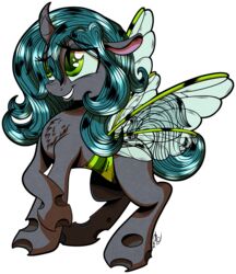  2016 absurd_res alpha_channel arthropod changeling curved_horn eyelashes fan_character female feral friendship_is_magic fur gray-day green_eyes grey_body grey_fur hasbro hi_res hooves horn insect_wings my_little_pony simple_background smile solo standing teeth transparent_background wings 