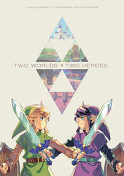  2boys belt black_hair blonde_hair blue_eyes bracer cover cover_page crossed_swords doujin_cover hat holding holding_sword holding_weapon juby left-handed link master_sword multiple_boys pointy_ears princess_hilda princess_zelda ravio shield smile spoilers sword the_legend_of_zelda the_legend_of_zelda:_a_link_between_worlds tunic weapon 