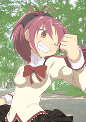  bow commentary_request female grin hairbow long_hair mahou_shoujo_madoka_magica mahou_shoujo_madoka_magica_(anime) mitakihara_school_uniform one_eye_closed ponytail red_eyes red_hair sakura_kyoko school_uniform smile solo yukimura_kaname 