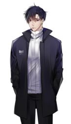  1boy bad_id bad_pixiv_id black_eyes black_hair black_pants cigarette hands_in_pockets ini_(millabi21) jacket looking_at_viewer male_focus pants ribbed_sweater solo standing sweater 