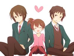  2boys brother_and_sister brown_eyes brown_hair closed_eyes commentary_request female heart highres kinokosuke kita_high_school_uniform koizumi_itsuki kyon kyon&#039;s_sister multiple_boys necktie pantyhose red_necktie school_uniform short_hair siblings side_ponytail sitting suzumiya_haruhi_no_yuuutsu winter_uniform 