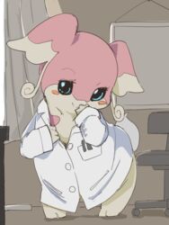  3:4 anthro audino biped blush clothing coat female generation_5_pokemon lab_coat looking_at_viewer nintendo pokemon pokemon_(species) pose smile solo standing topwear unavailable_at_source yatosuke 