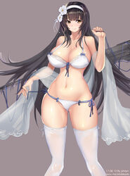  bikini black_hair blush breasts closed_mouth collarbone commentary_request cowboy_shot etidekailo female flower girls&#039;_frontline groin hair_flower hair_ornament hairband korean_commentary large_breasts long_hair looking_at_viewer navel official_alternate_costume photoshop_(medium) shawl smile solo stomach swimsuit thighhighs type_95_(girls&#039;_frontline) type_95_(summer_cicada)_(girls&#039;_frontline) very_long_hair white_bikini white_hairband white_thighhighs yellow_eyes 