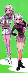  2girls aged_down boots cynthia_the_mission dual_persona gradient_hair hair_flip hair_ribbon hand_on_own_hip highres long_hair miniskirt multicolored_hair multiple_girls pantyhose pencil_skirt photoshop_(medium) pink_hair pink_legwear ribbon shimizu_hotaru short_hair side_ponytail skirt smile striped sweater takatou_rui teacher teenage time_paradox turtleneck vest white_hair 