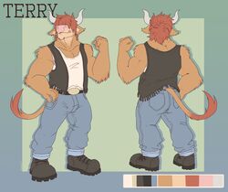  absurd_res anthro biceps big_muscles boots bottomwear bovid bovine bulge cattle clothed clothing color_scheme color_swatch denim denim_bottomwear denim_clothing flexing footwear fur furgonomic_bottomwear furgonomics hair hi_res highland_cattle horn jacket jeans lucaloo male mammal model_sheet muscular muscular_anthro muscular_male pants pose red_body red_fur red_hair shirt solo tail tail_button_bottoms tail_clothing tank_top terry_(thorsoneyja) thorsoneyja topwear vest 