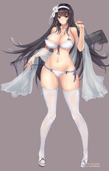  absurdres bikini black_hair blush breasts closed_mouth collarbone commentary_request etidekailo female flower full_body girls&#039;_frontline groin hair_flower hair_ornament hairband highres korean_commentary large_breasts long_hair looking_at_viewer navel official_alternate_costume photoshop_(medium) shawl smile solo stomach swimsuit thighhighs type_95_(girls&#039;_frontline) type_95_(summer_cicada)_(girls&#039;_frontline) very_long_hair white_bikini white_hairband white_thighhighs yellow_eyes 