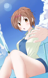  :o annoyed brown_eyes brown_hair chuunibyou_demo_koi_ga_shitai! cloud commentary_request day female fence frown hair_ornament hair_up hairclip hose looking_at_viewer nibutani_shinka one-piece_swimsuit open_mouth outstretched_hand peanuts_(ennuim) pool school_swimsuit sitting solo swimsuit water wet 