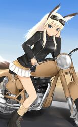  bird_girl blonde_hair commentary_request female goggles goggles_on_head green_eyes hanna-justina_marseille head_wings long_hair long_sleeves military military_uniform motor_vehicle motorcycle rasielcochma skirt solo uniform wings witches_of_africa world_witches_series 