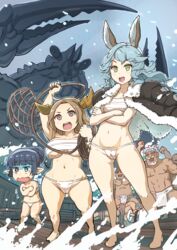  3girls :d animal_ears blunt_bangs boat bound breasts cameltoe character_request commentary_request covering_breasts covering_privates crab crossed_arms daetta_(granblue_fantasy) draph erune ferry_(granblue_fantasy) giant giant_monster granblue_fantasy green_eyes hair_bun harvin headband heterochromia horns large_breasts lunalu_(granblue_fantasy) monster multiple_girls navel net no_nose open_mouth purple_eyes rabbit_ears red_eyes robe sarashi single_hair_bun smile soriz underboob water watercraft waves yuugiri_(u-slash) 