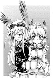  2girls bird_girl blush commentary_request greyscale hanna-justina_marseille head_wings long_hair masana_hatuse monochrome multiple_girls raisa_pottgen smile very_long_hair wings witches_of_africa world_witches_series 