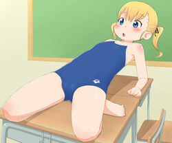  :o barefoot blonde_hair classroom copyright_request desk eyebrows eyebrows_visible_through_hair feet female flat_chest full_body gluteal_fold hair_ornament hair_ribbon lolicon one-piece_swimsuit open_mouth ribbon school_desk shiny shiny_hair shiny_skin solo swimsuit tomboo twintails 