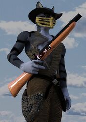  3d_(artwork) absurd_res ambiguous_gender anthro digital_media_(artwork) domestic_cat felid feline felis gun hi_res littlefisky mammal mask myshkin ranged_weapon sawed-off_shotgun shotgun solo weapon 