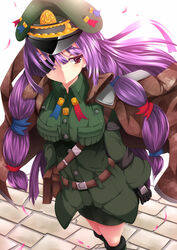  blush book boots bow breasts colorized commentary_request eyepatch female gloves goma_azarasi hair_ribbon hairbow hat highres jacket large_breasts long_hair military military_uniform patchouli_knowledge purple_eyes purple_hair revision ribbon skirt solo sukage touhou uniform 